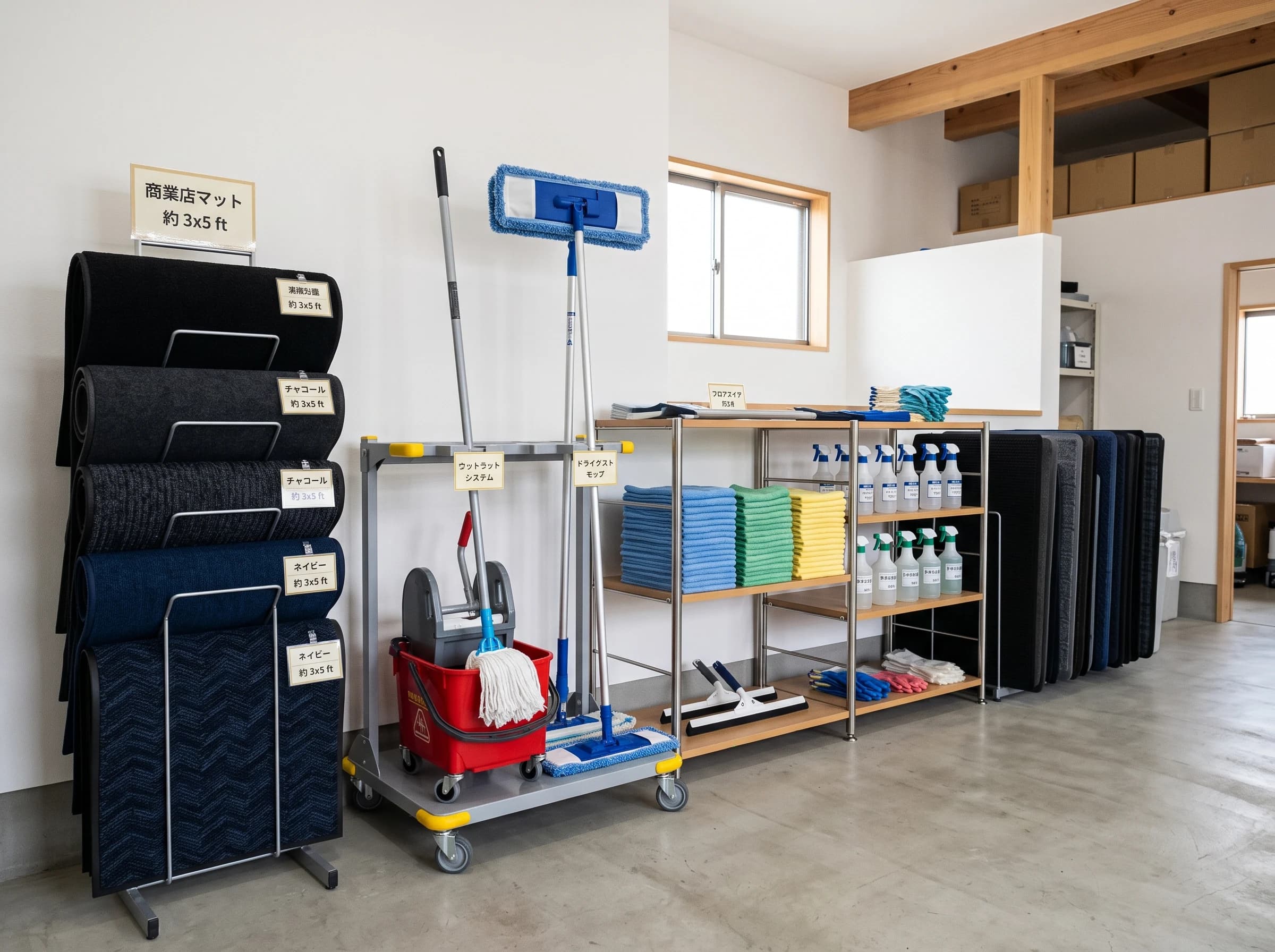 マットとモップが並ぶ清掃用品